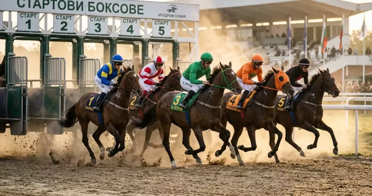 Няколко коня излизат от стартовите боксове едновременно