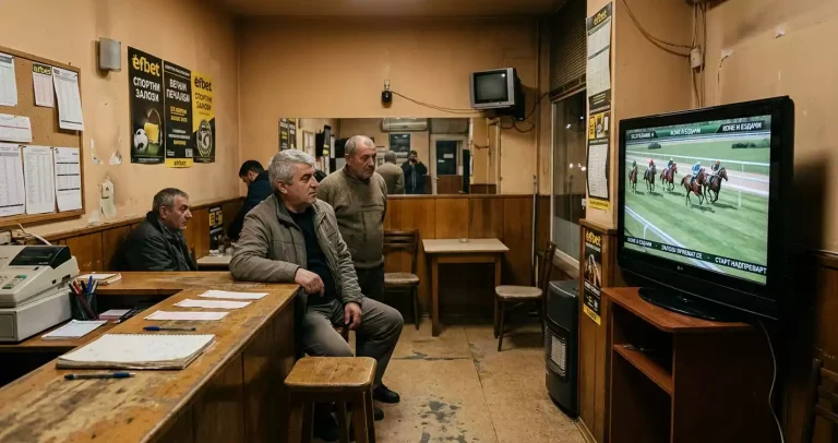 Малък български букмейкърски пункт с екран за виртуални надбягвания