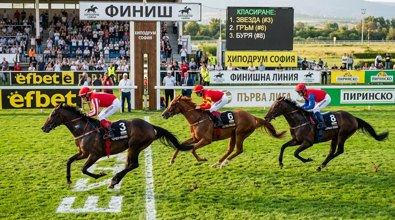 Три водещи коня в подреден ред към финала — визуализация на Tricast залог при виртуални надбягвания