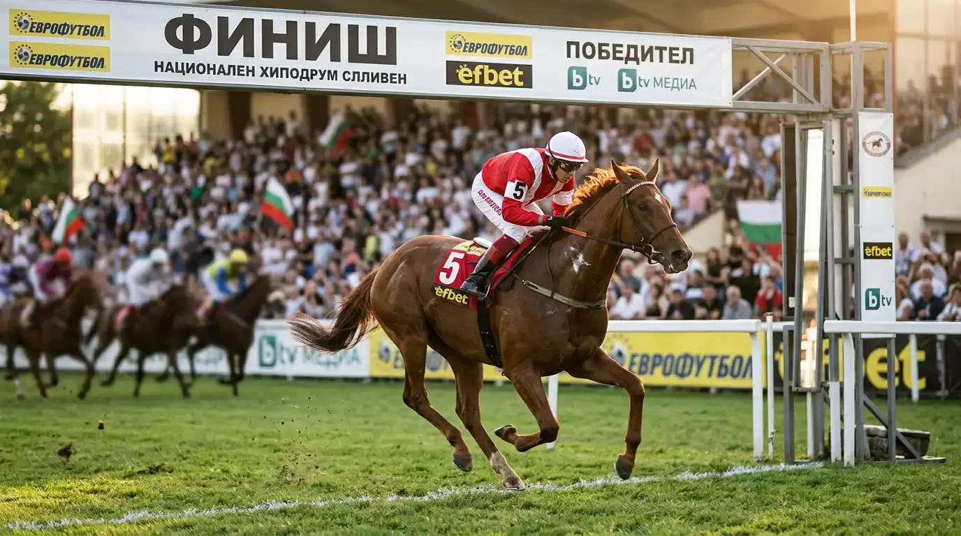 Един кон пресича финалната линия при виртуално конно надбягване — символ на Win залога